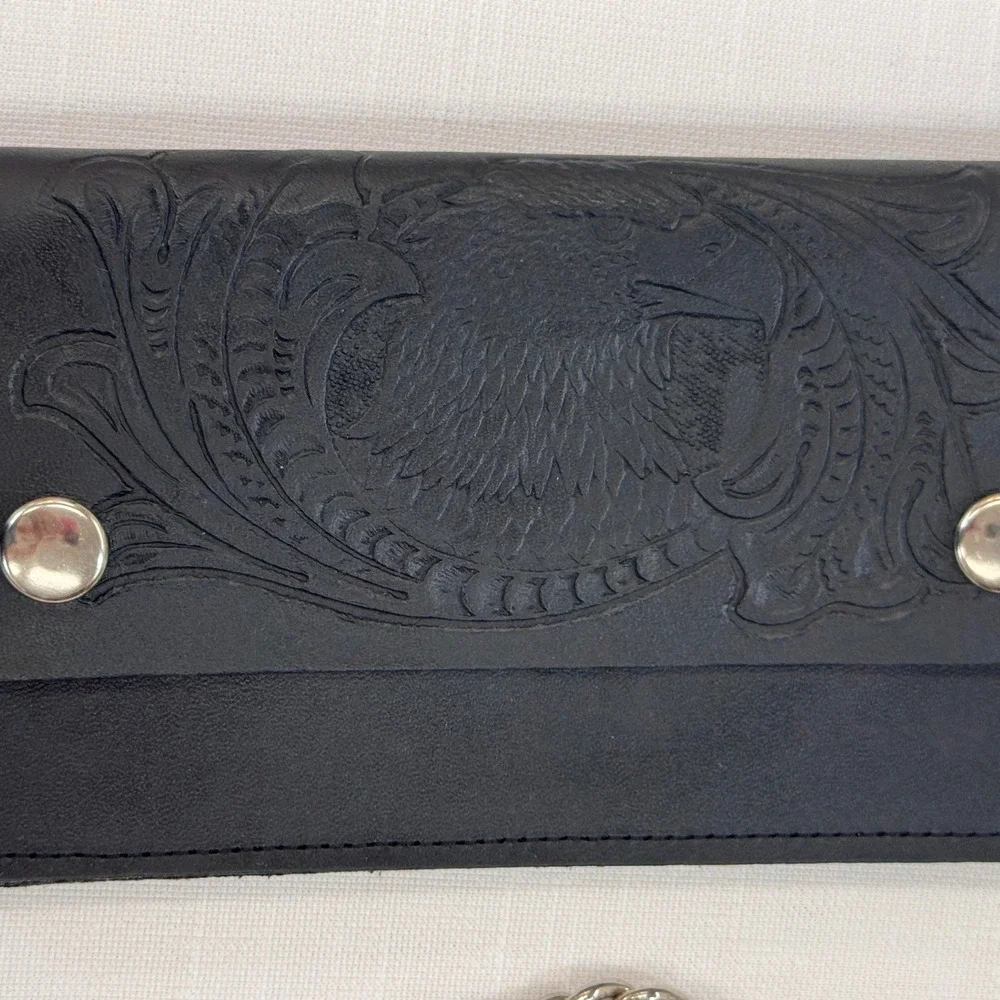 Mens Black Leather Biker Trucker Wallet Embossed Eagle Chain Made in USA